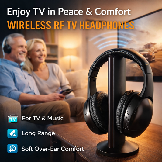 Wireless RF TV Headphones – Comfortable Over-Ear Headset with Long Range & Clear Stereo Sound