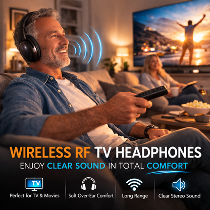 Wireless RF TV Headphones – Comfortable Over-Ear Headset with Long Range & Clear Stereo Sound
