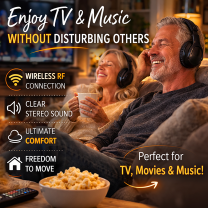 Wireless RF TV Headphones – Comfortable Over-Ear Headset with Long Range & Clear Stereo Sound
