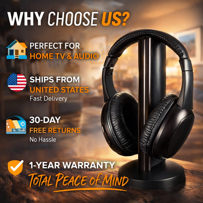 Wireless RF TV Headphones – Comfortable Over-Ear Headset with Long Range & Clear Stereo Sound
