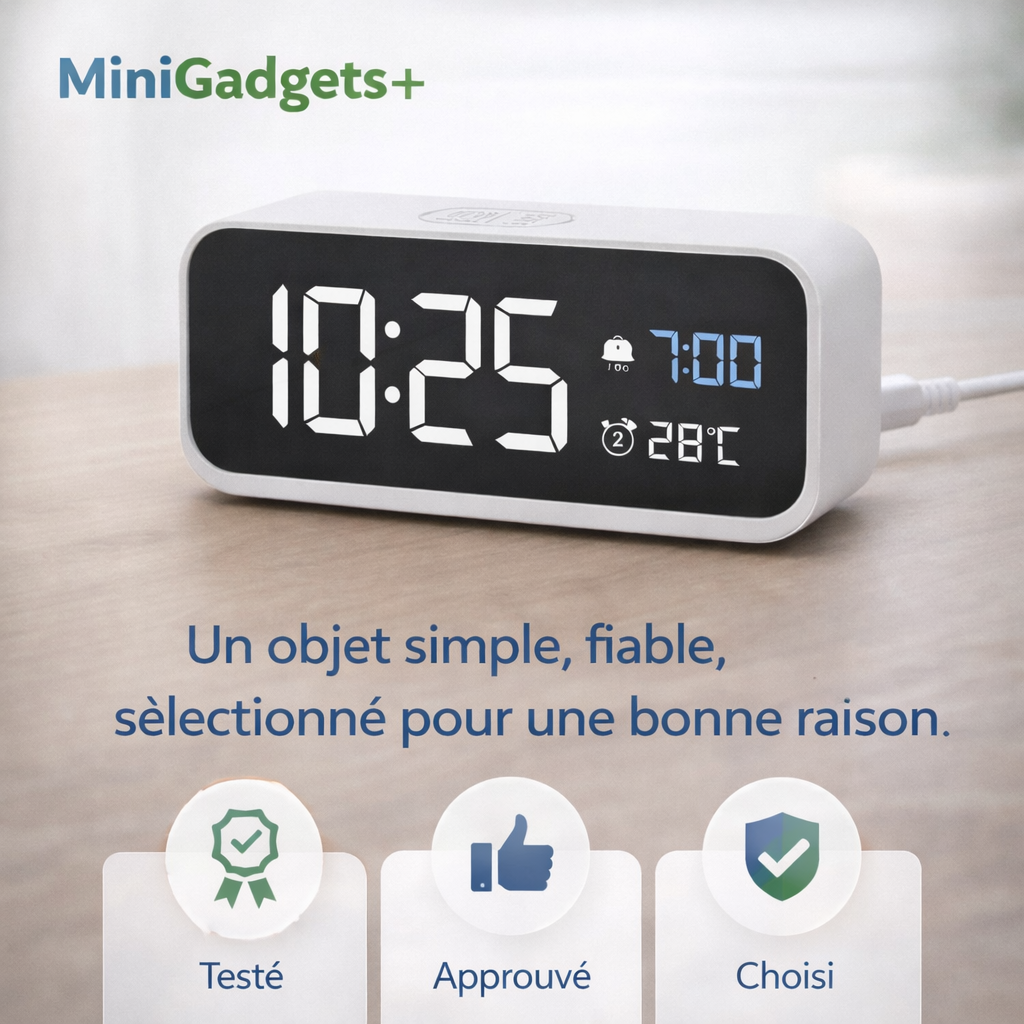 Réveil digital minimaliste – Le temps, sans distraction